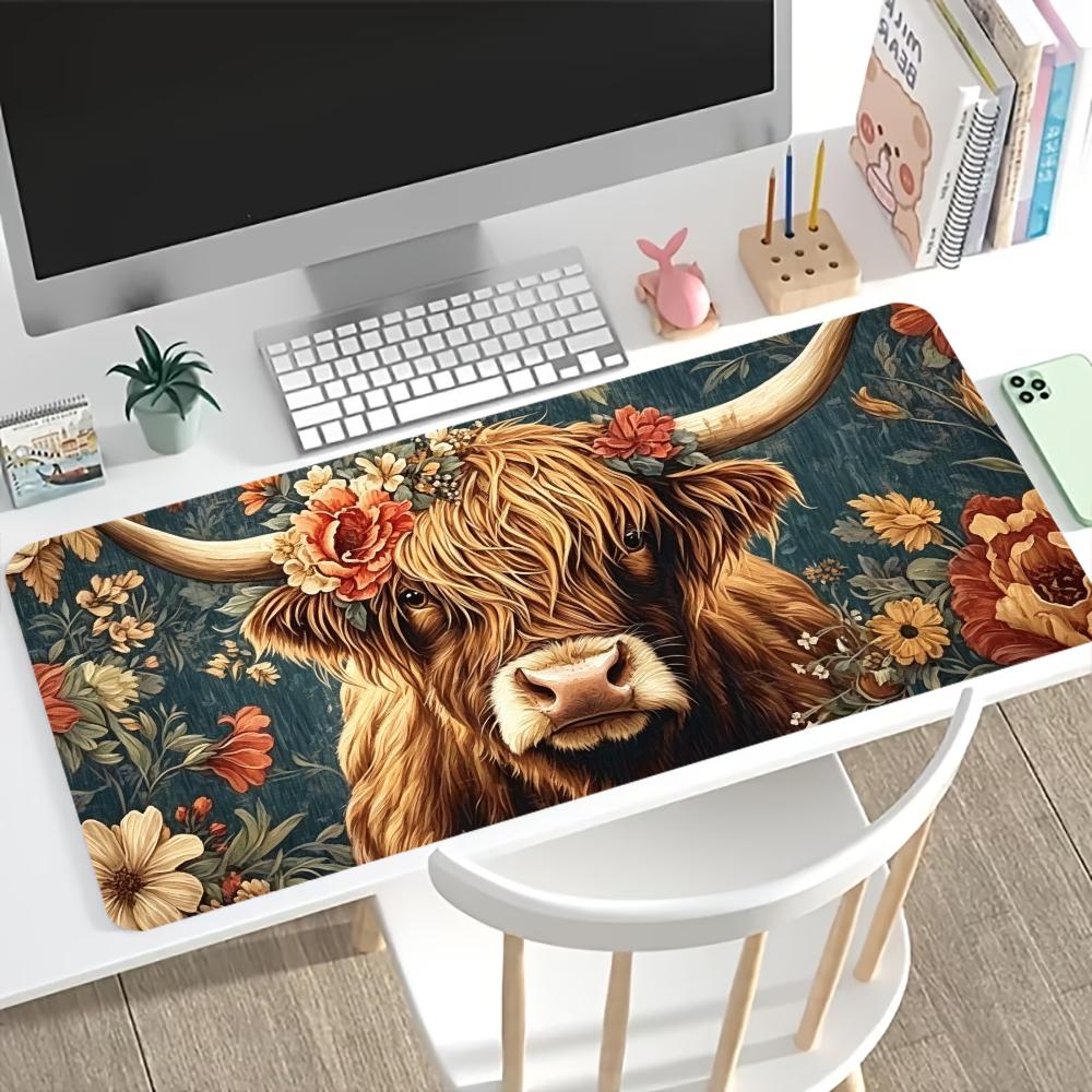 Desk Setup Pc And Laptop - Vintage Highland Cow Çiçek Desenli Oyun